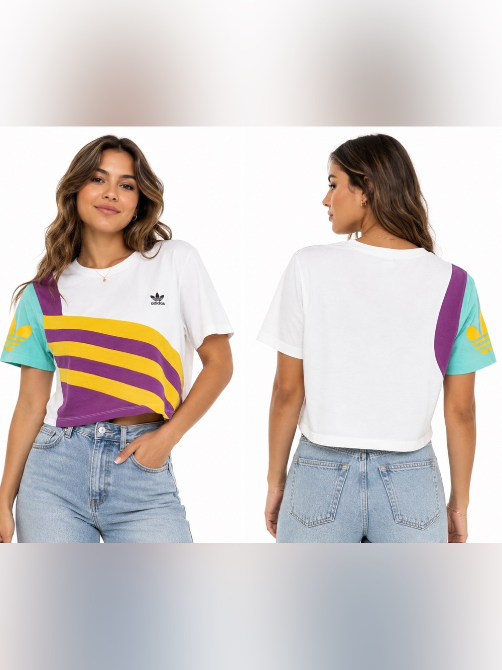 Adidas Originals Colorblock Cropped T-Shirt White Purple Yellow Aqua L